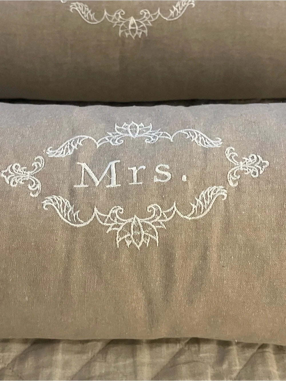 Mr. & Mrs. Embroidered Decorative Bolster Pillows - Taupe